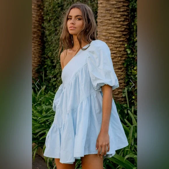 princess polly baby blue dress Threadbare Women's White Puff Sleeve Shirred Asymmetric Dress main image 1